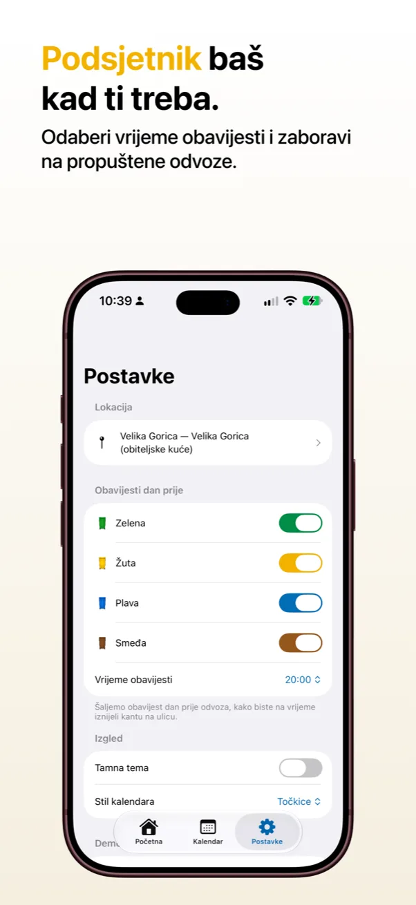 Postavke obavijesti po vrsti kante i vremenu